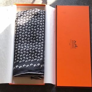 Hermes navy & white pocket square scarf with box